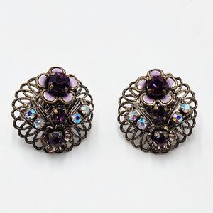 Vintage Ornate Rhinestone Flower Pierced Post Earrings Purple AB Cluster Pretty